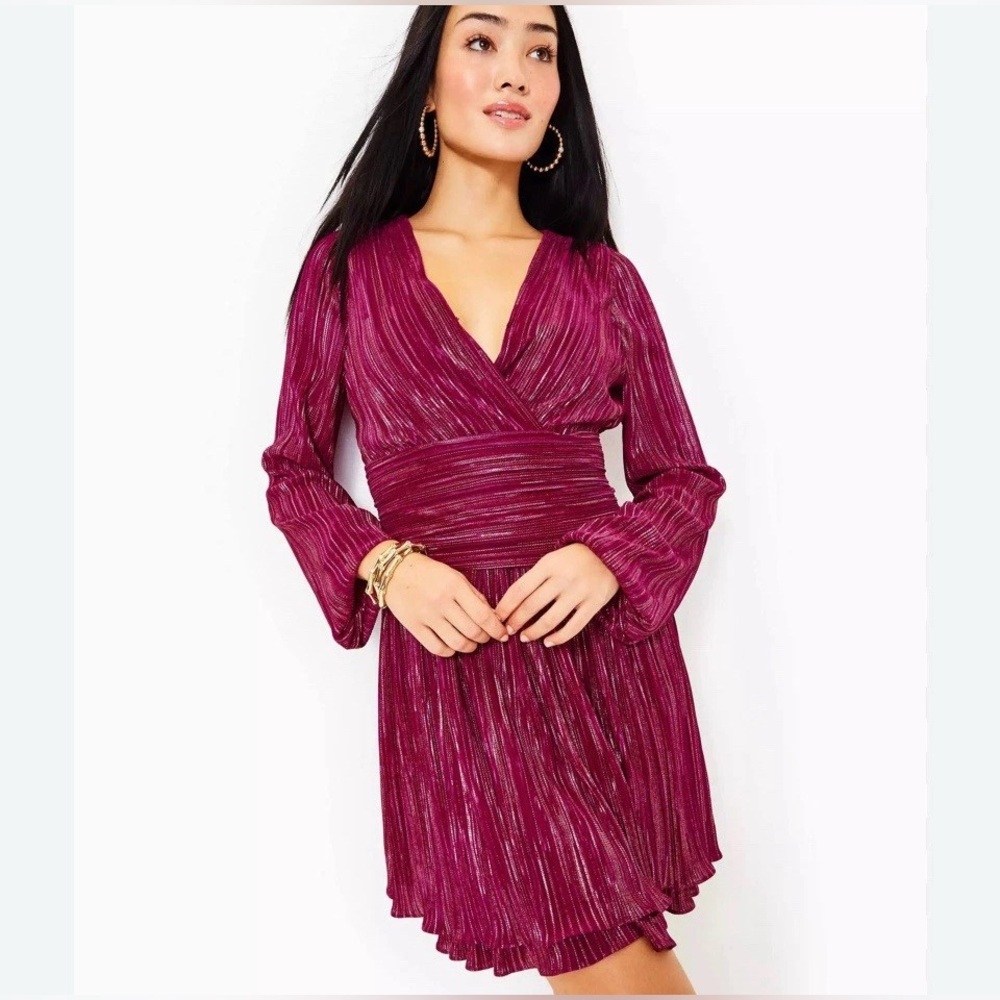 Lilly Pulitzer Jessamie Metallic Swing Dress Long Sleeve Mulberry Foil 6 NWT